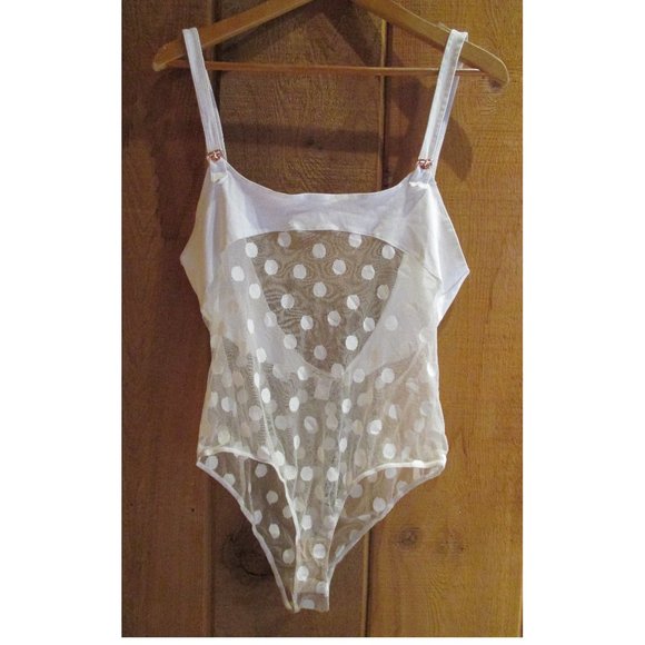 🍋NEW FOR LOVE & LEMONS SKIVVIES CLEMENTINE POLKA DOT WHITE MESH BODYSUIT SIZE L - Picture 2 of 9